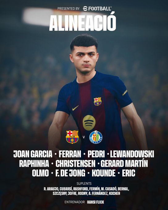 A man wearing a blue and red FC Barcelona jersey with the Spotify logo and Nike emblem. Text overlay reads "ALINEACIÓN" at the top, followed by a list of names: Joan Garcia, Ferran, Pedri, Lewandowski, Raphinha, Christensen, Gerard Martin, Olmo, De Jong, Kounde, Eric. Additional text includes "FC Barcelona vs Getafe" and "ENTRENADOR HANSI FLICK" at the bottom.