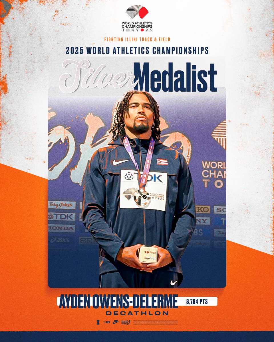 IlliniTrackXC's tweet image. Congratulations to our Assistant Coach Ayden Owens-Delerme on his decathlon silver medal at the World Athletics Championships! He set a new Puerto Rican national record with a score of 8,784 points.   

Release: ow.ly/BZNY50WZU94 

#WhyNotILL