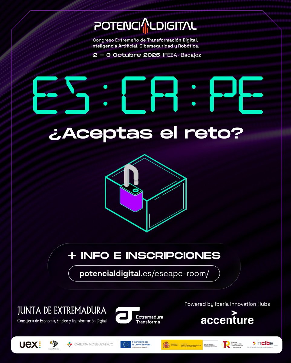 Potdigitalext's tweet image. 🔐 ¿Aceptas el reto?
En Potencial Digital 2025 vivirás un escape room tecnológico único, donde cada prueba pondrá a prueba tu ingenio, tu lógica y tu capacidad de trabajar en equipo.

👉 No es un juego cualquiera: es una experiencia inmersiva creada para desafiarte y demostrar…