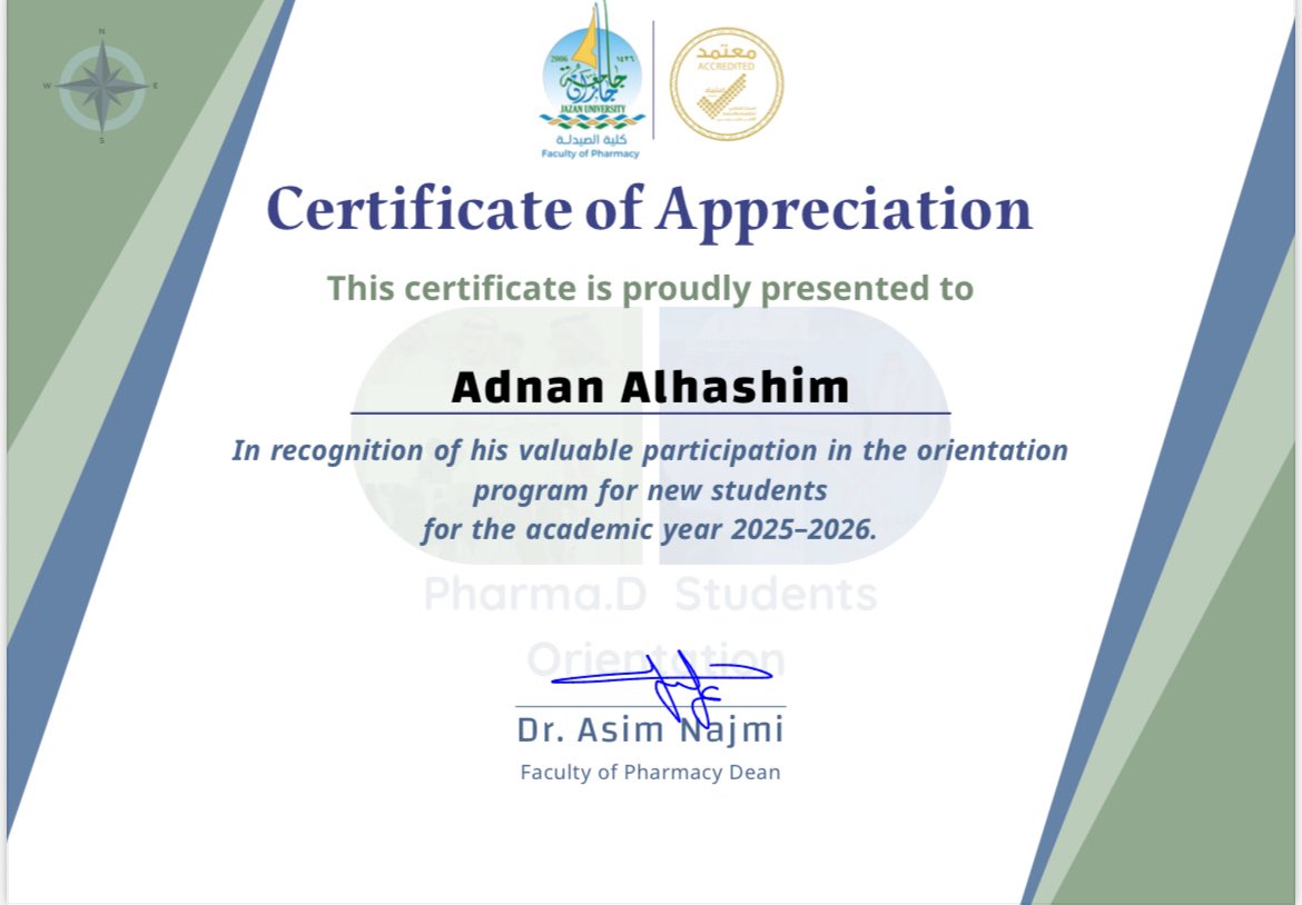 حصلت على شهادة من نادي الكلية <a href="/Jazanu_pharmacy/">كلية الصيدلة</a> لمشاركتي في يوم التوجيه للطلاب الجدد في تخصص الصيدلة السريرية.💊

I received a certificate from the college club for participating in the orientation day for new students in the clinical pharmacy major.💊