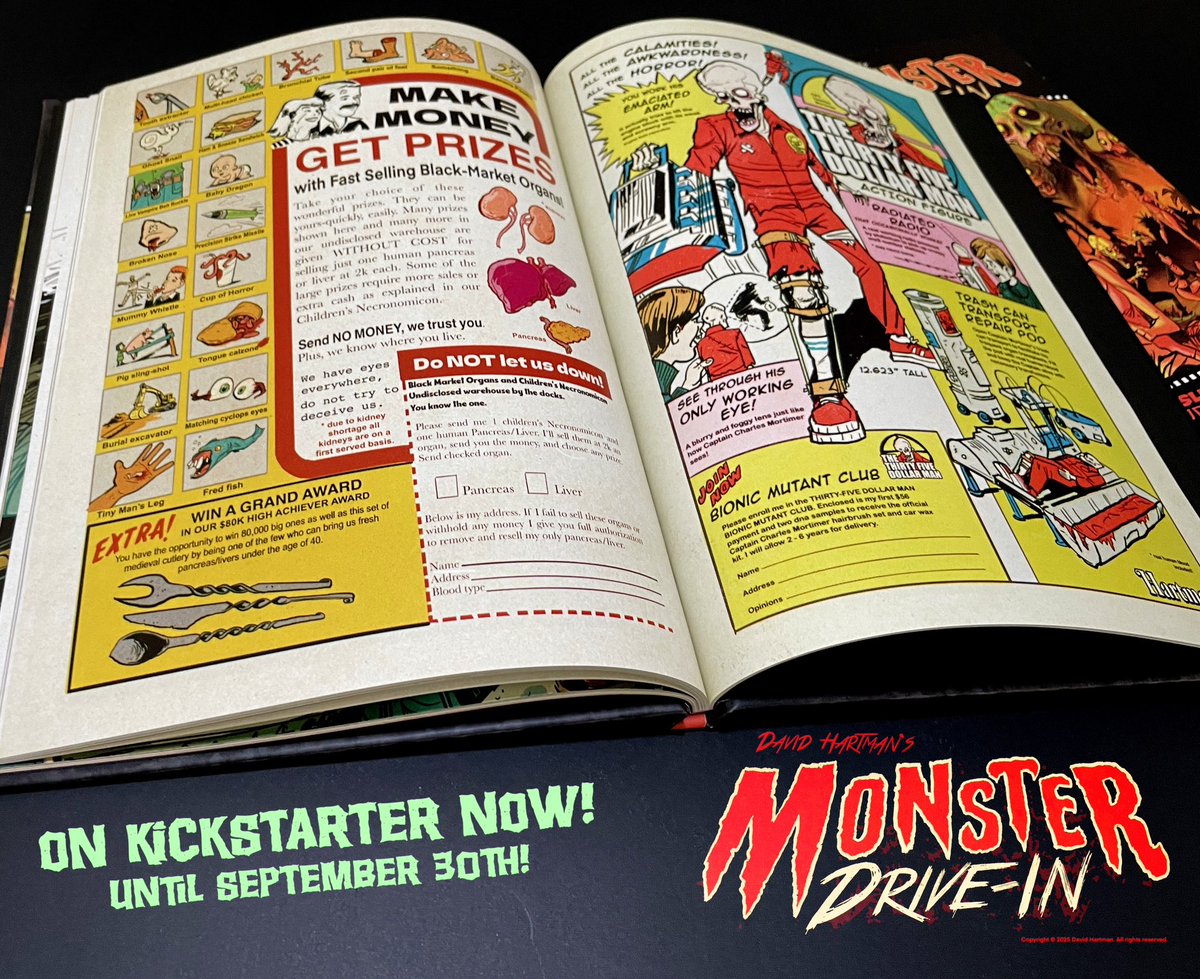 Thank you all for the support on the MONSTER DRIVE-IN graphic novel on kickstarter! We are at 14k and less than 10 days until the campaign ends! One of my favorite things is at each chapter break there are fake retro ads, homages to old comic ads but with a horror twist!