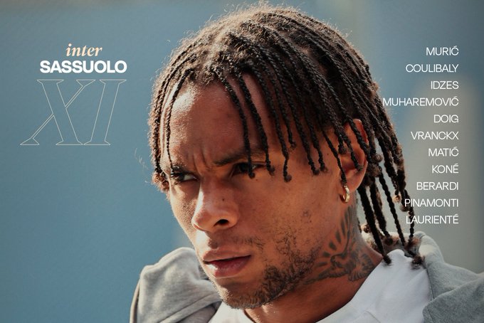 A person with long braided hair and tattoos on the neck, wearing a light-colored hoodie. Text overlay includes "Inter Sassuolo XI" and names like Domenico Berardi, Armand Laurienté, and others.
