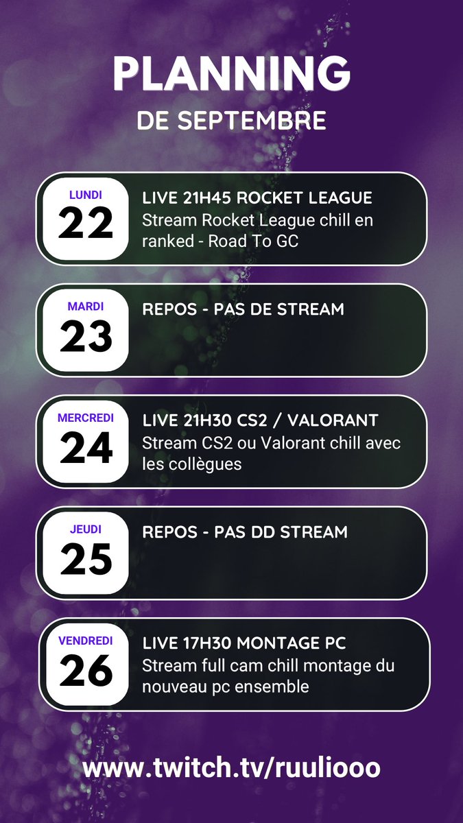 Mon retour sur Twitch ! 💜🎥

Voici mon planning de la semaine !

N’hésitez pas à rejoindre le Discord si vous voulez suivre plus d’actualités 🤠