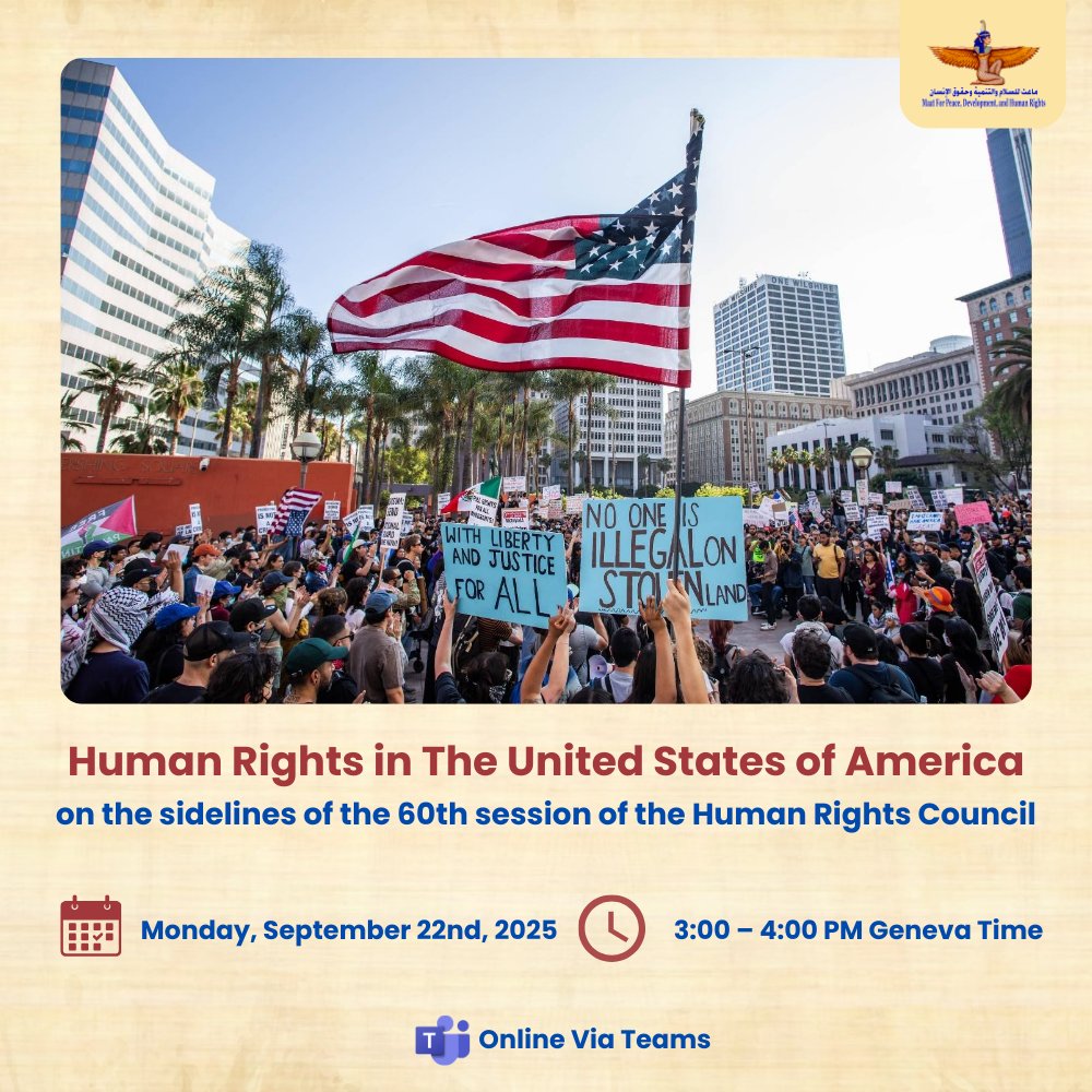 Maat for Peace, Development, and Human Rights is organizing a side event on the human rights situation in the United States of America, on the sidelines of the 60th session of the Human Rights Council. 

The event aims to discuss the human rights situation in the country and