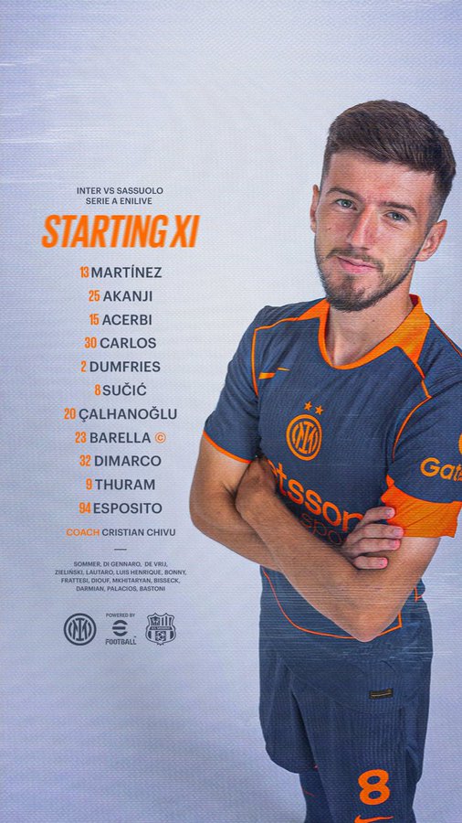 A man wearing an Inter Milan soccer jersey with the number 8, standing with arms crossed. The jersey is navy blue with orange accents and the logo of Inter Milan. Text overlay lists the starting lineup for Inter vs. Sassuolo, including names like Martinez, Akani, Acerbi, and others, with Christian Chivu as coach.
