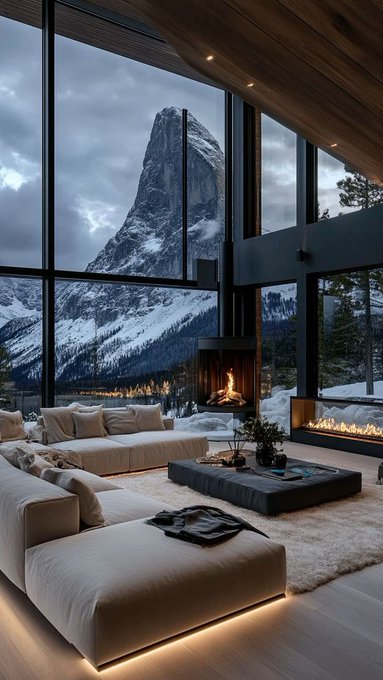A modern cabin interior with large floor-to-ceiling windows showcasing a snow-covered mountain peak. A beige sectional sofa, a black coffee table, and a white rug are arranged in the living area. A double-sided fireplace with a visible flame separates the indoor space from an outdoor view of pine trees and mountains.
