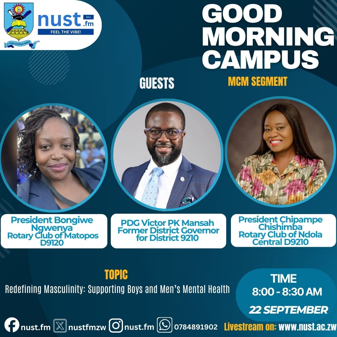 nustfmzw's tweet image. Tomorrow on Good Morning Campus, we’re honoured to host President Bongiwe Ngwenya (Rotary Club of Matopos D9120), President Chipampe Chishimba (Rotary Club of Ndola Central D9210), and PDG Victor PK Mansah, past District Governor of D9210.

Stream live on: nust.ac.zw