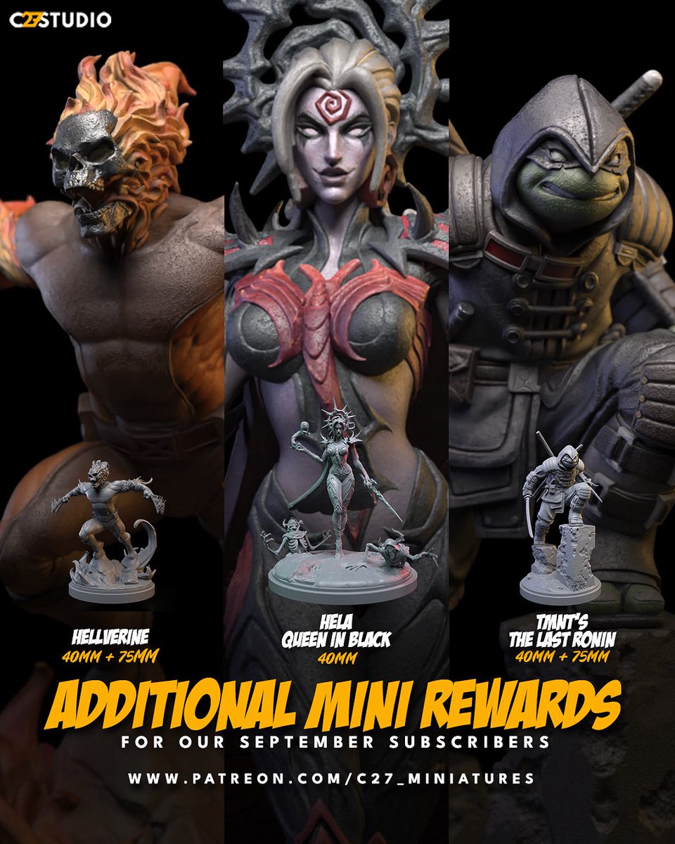 🔥 New this month for our Patreon!

🐺 Hellverine - claws meet Hell’s fury
👑 Hela, Queen in Black - from Marvel Rivals
🐢 The Last Ronin - one turtle remains

Get them this month + 15 past minis:
👉 patreon.com/C27_Miniatures
