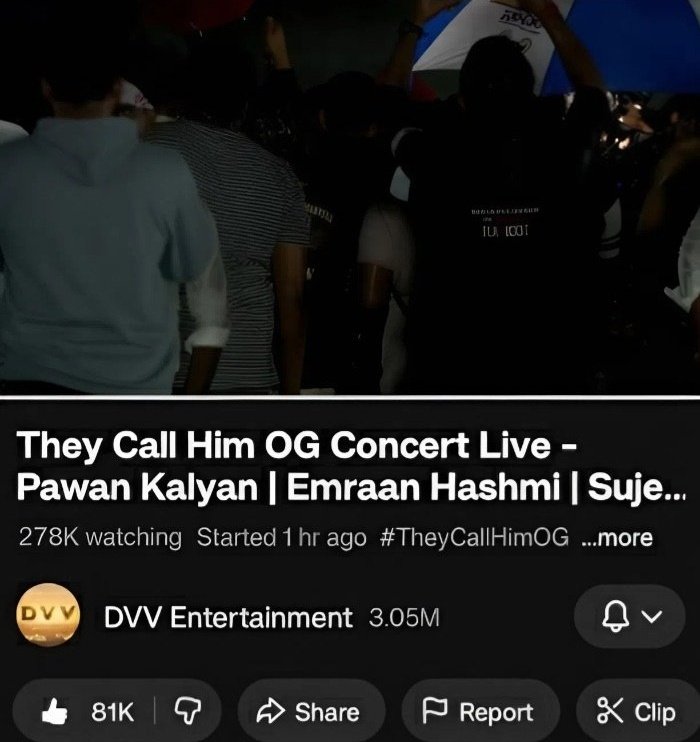TwoodTrolls_2_0's tweet photo. Peak Views in live for #OGConcert

Recorded as
278K For Hero Entry,
277K While Hero Speaking.

All Time Indian Record for #TheyCallHimOG | #PawanKalyan

Most Viewed Live Telugu Event Ever 💥 https://t.co/bTlCHnLmH5
