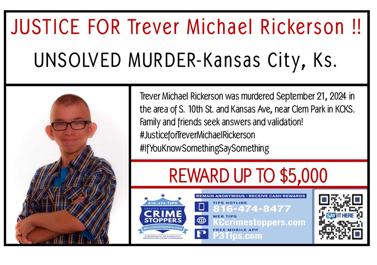 Coreys_Network's tweet image. Trever Rickerson
2024 Unsolved KCMO Homicide
His Unniversary Date is September 21, 2024
Family and friends seek answers and validation
Cash reward for info from @KCCrimeStop
*PLEASE SHARE*
#RaiseHomicideAwareness
#JusticeForTreverMichaelRickerson
#IFYouKnowSomethingSaySomething