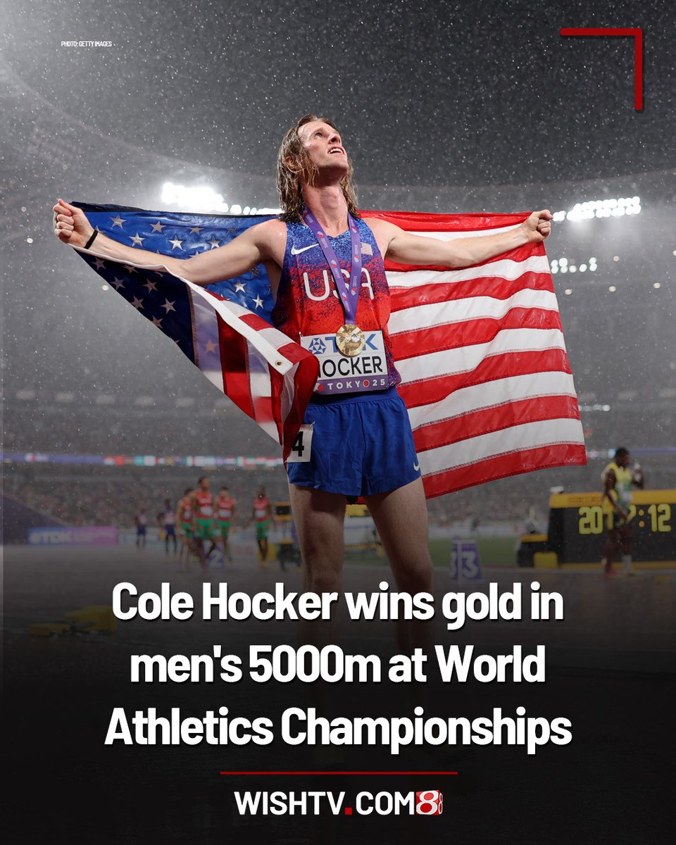WISHNews8's tweet photo. He's a world champion! 🥇

Indy native Cole Hocker clinched gold the men's 5000m at the World Athletics Championships Sunday, becoming the second American ever to win the title.

https://t.co/rJVs1QphNM https://t.co/3CERFYusdE