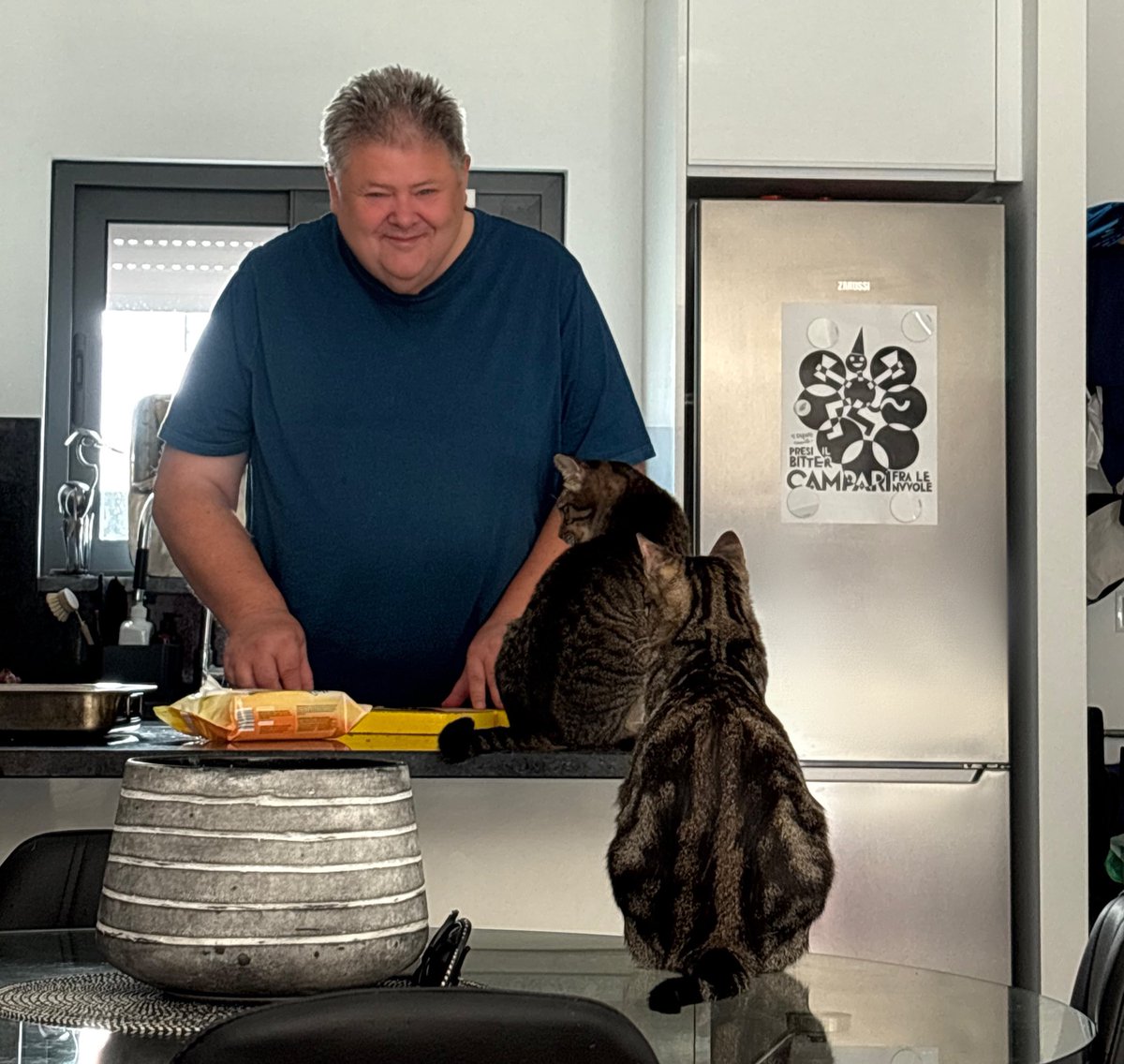 Cats wanted in on Sunday Roast action. Worktop was deep cleaned once kitties were removed. Roast beef, Yorkshire puddings, Raymond Blanc creamed Celeriac, roast potatoes &amp; cabbage. Coconut &amp; raspberry lamington cake &amp; chocolate custard sauce for pudding!