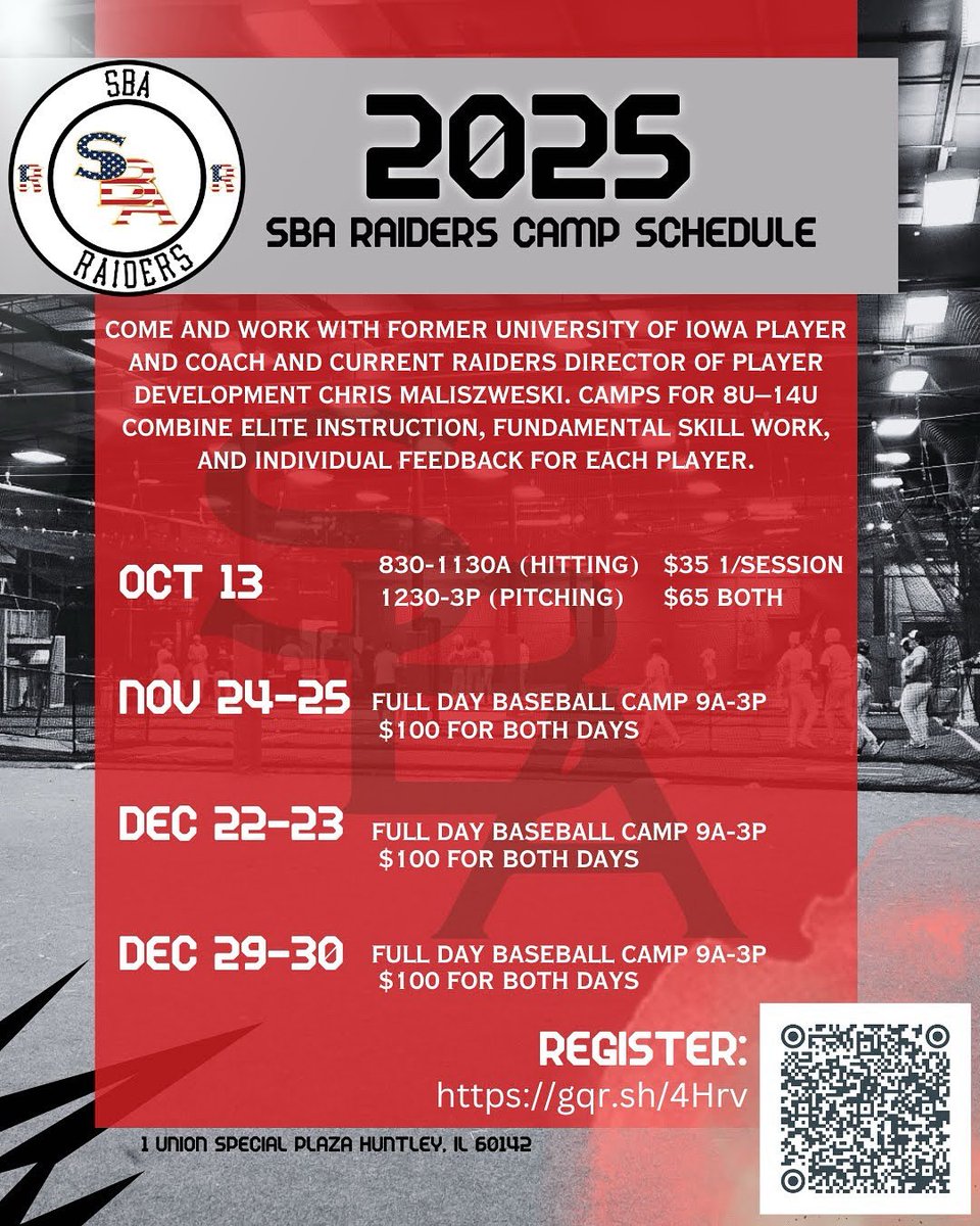 Looking for something for your favorite baseball player to do on days off of school? 

Look no further! 

October 13 is our first camp of the 2025-26 season! 

#baseball #chicago #camps #hitting <a href="/SBARaiders/">SBA Raiders</a> #kids #school