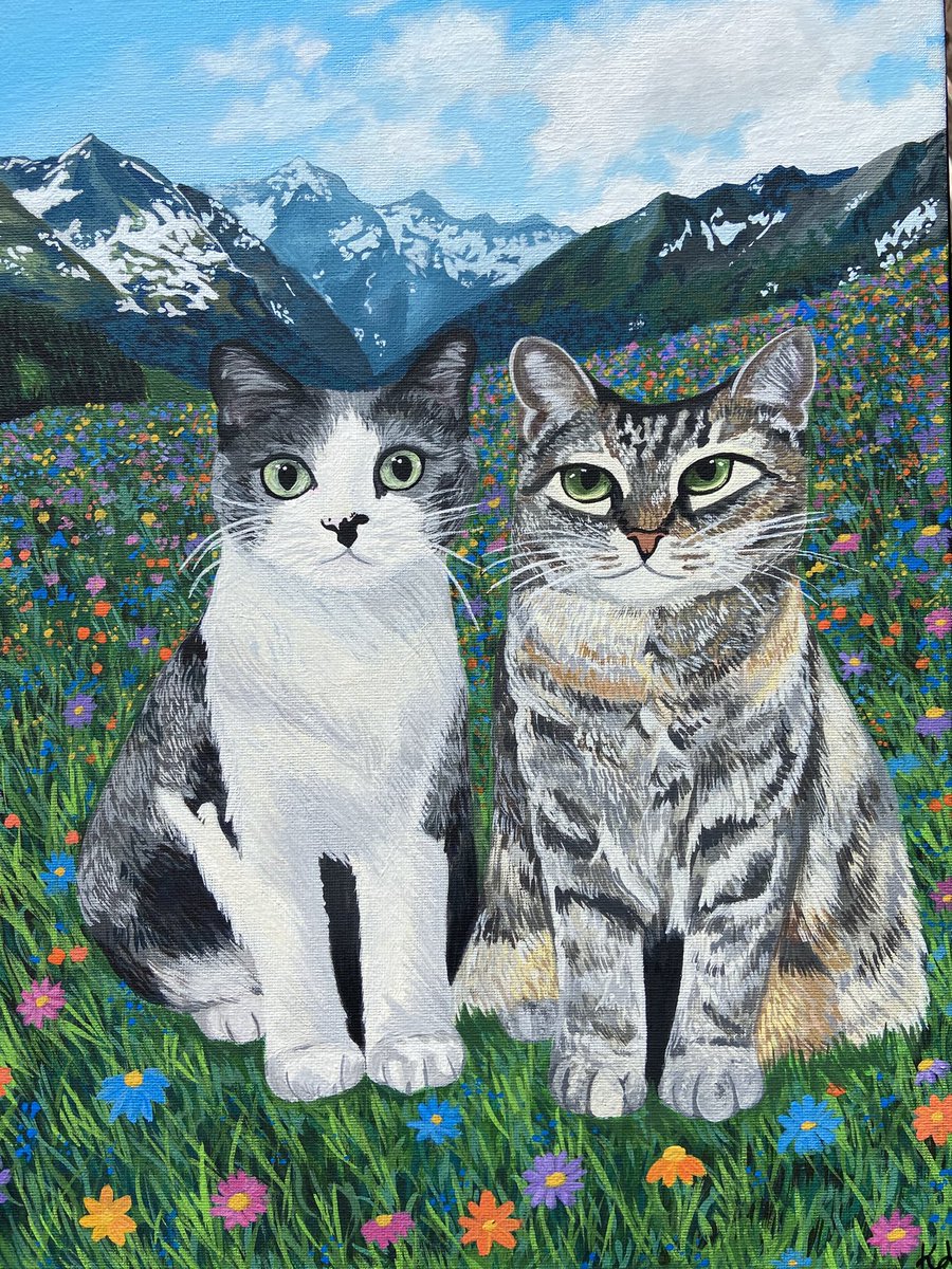 I loved painting the background on this one, on a 12” by 16” canvas (commissioned piece) 🌷🐱