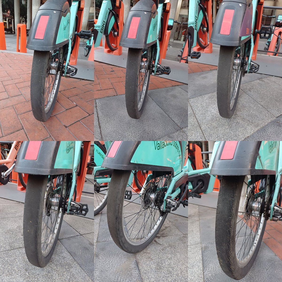 AlertaBasuraVLL's tweet photo. Ahora mismo, de 16 bicicletas eléctricas, 10 tienen la rueda trasera completamente desgastada. 
@BikiVLL y @AyuntamientoVLL tienen que hacer una revisión urgente de todas las bicicletas porque esto es algo generalizado.
Se acercan lluvias y es un peligro ☔ https://t.co/6SVfB1EQDe