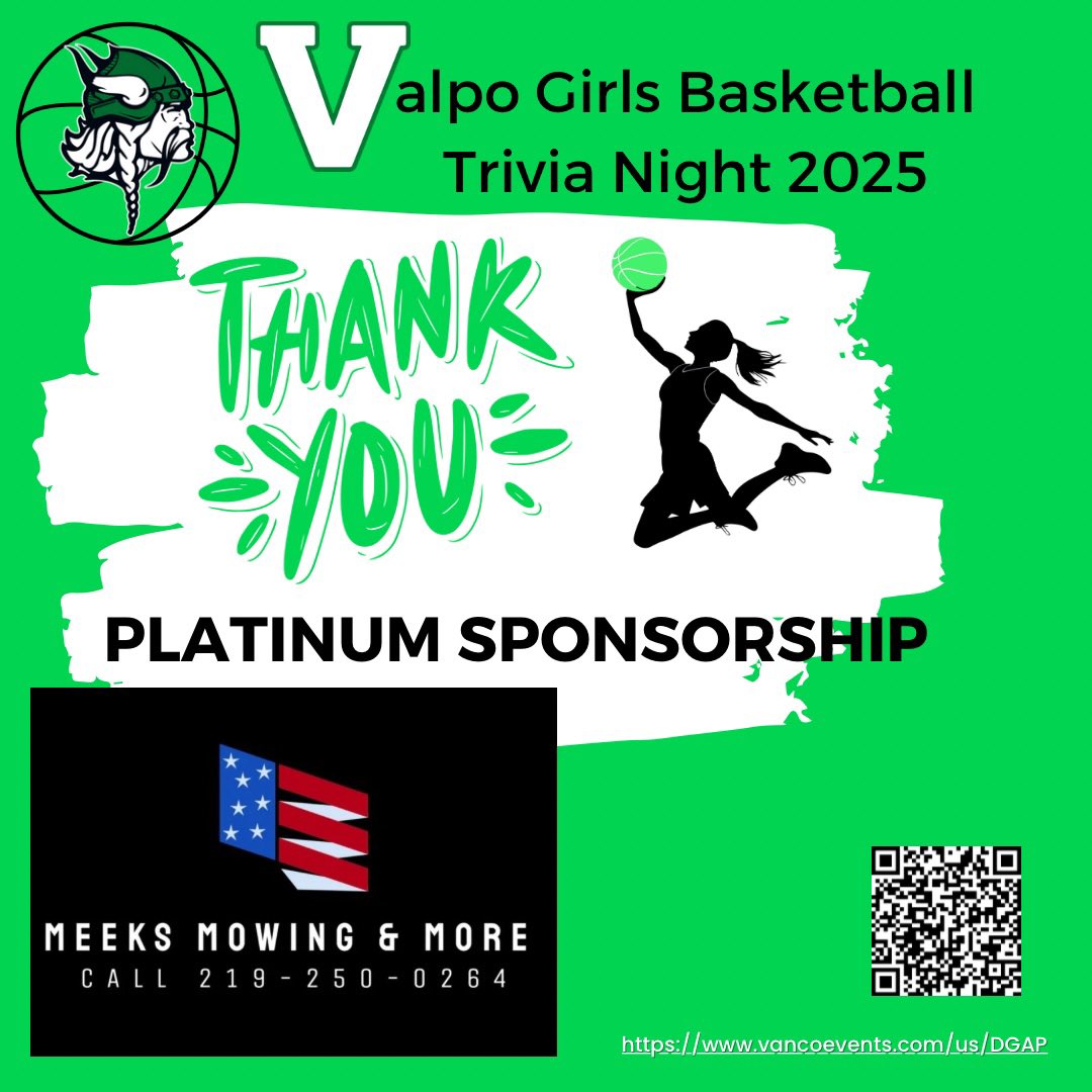 THANK YOU to Meeks Mowing &amp; More for their PLATINUM Sponsorship! Less than 1 week left to purchase tickets/sponsorships for the 2025 VBG Trivia Night! <a href="/ValpoHS411/">Viking Info</a> <a href="/ValpoLife/">Valpo.Life</a> <a href="/AthleticsValpo/">Valparaiso Athletics</a> 

vancoevents.com/us/events/land…