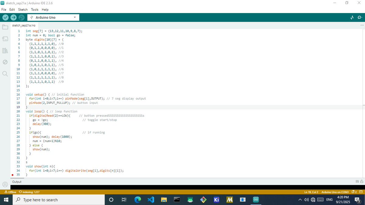 Marvel_14_code's tweet image. I made a 0-9 counter using my Arduino uno. The button starts and stops the counter. After some complex wiring, I am done.
The code that I programmed to the uno is shown in the image below.

#iot #Arduino #Coding #tech #Robotics #Nigeria #Electronics #computer