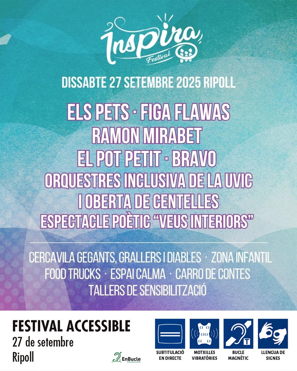 🟢 El Festival Inspira arriba a Ripoll amb la seva 6a edició! Molt més que música i arts escèniques: és diversitat, inclusió i accessibilitat. #CulturaAccessible
#MusicaAccessible
