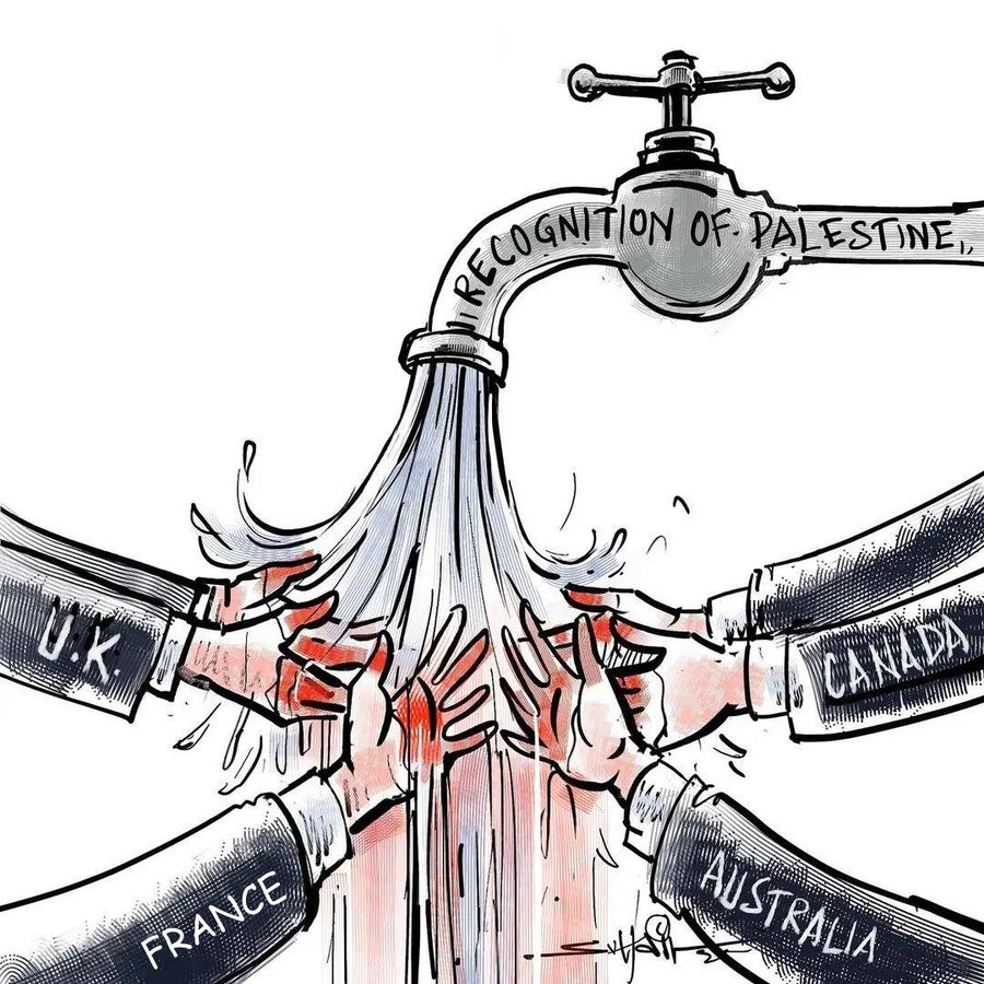 A cartoon depicting a faucet labeled "Recognition of Palestine" pouring water downward. Multiple hands, each labeled with a country name—U.K., Canada, France, Australia—reach up to catch or interact with the water.
