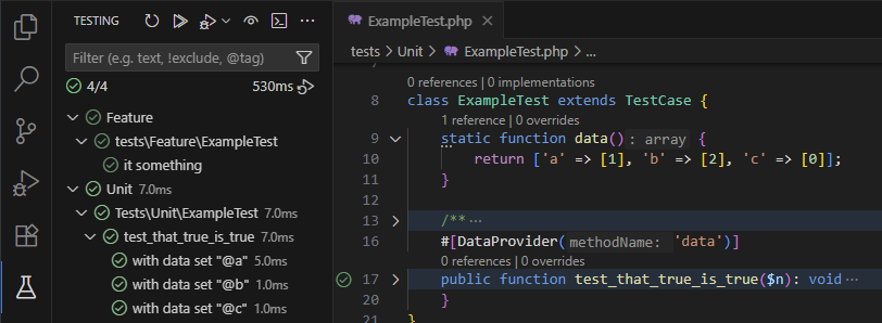 php4vs's tweet image. Pre-Release of PHP extension for @Code adds support for testing DataSets and Pest tests.
You can Run and Debug a single DataSet, all using the Visual Studio Code UI. Video and Blog-post coming.