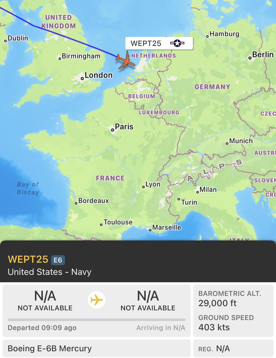 sentdefender's tweet image. An unusual sighting today crossing the Atlantic, as a U.S. Navy E-6B “Mercury” Airborne Nuclear Command Post and Communications Relay, going by the callsign: WEPT25, recently departed from Tinker Air Force Base in Oklahoma, bound for somewhere in Europe, possibly Ramstein Air