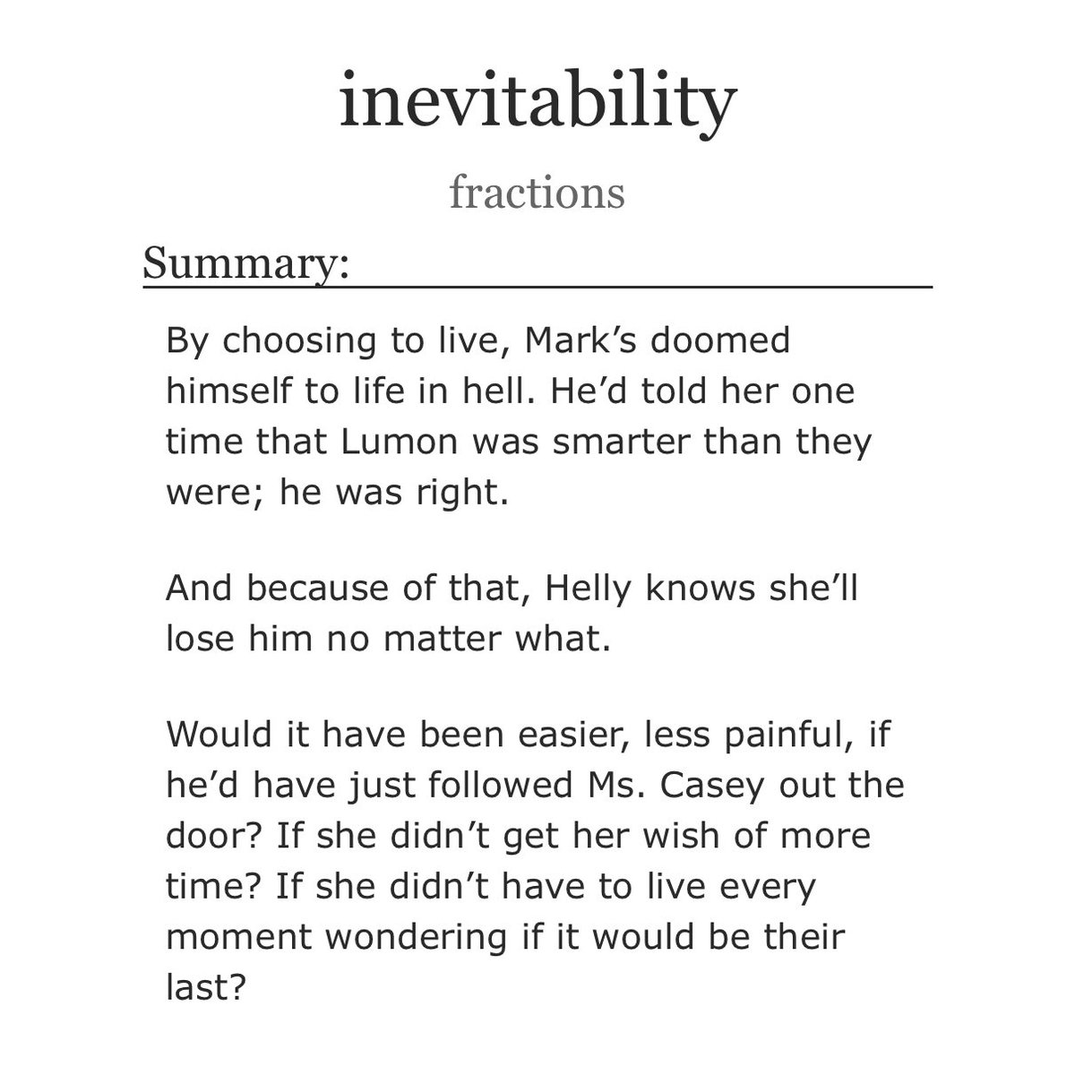 markhellyfics's tweet image. 🍁 inevitability by fractions
🏷️ #markhelly #omarkhelly
📈 mature

Post-Cold Harbor. During the Innie Revolution, Mark's reintegrating, and Helly thinks every moment might be the last she has with her Mark. 

🔗: archiveofourown.org/works/67018054