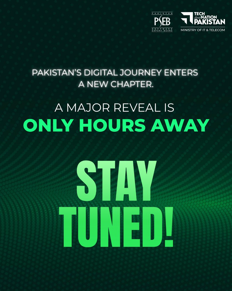 PSEB's tweet image. A new era for Pakistan’s digital landscape is on the horizon.
We’re standing at the edge of something extraordinary -the next chapter in our nation’s digital journey.

The big reveal is just hours away. Stay Tuned

#Skilltech #DigitalPakistan #SkillTechPakistan #SkillTechPK