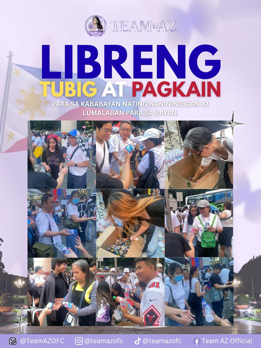 TeamAZOFC's tweet photo. Patuloy na lalaban at hindi kailanman mapapagod bumoses para sa Inang Bayan! 🇵🇭

We have received another supply of free foods and drinks from Az, Tita Bing and their family- which we distributed to our fellow Filipinos attending the rally.

Maraming Salamat sa lahat ng AZpires na tinulungan kaming mamigay at tumindig para sa makatarungan at magandang sistema ng bansa. Hindi tayo titigil hangga’t hindi nababalik ang pera ng taong-bayan. 

#AzMartinez | @_AZMartinez