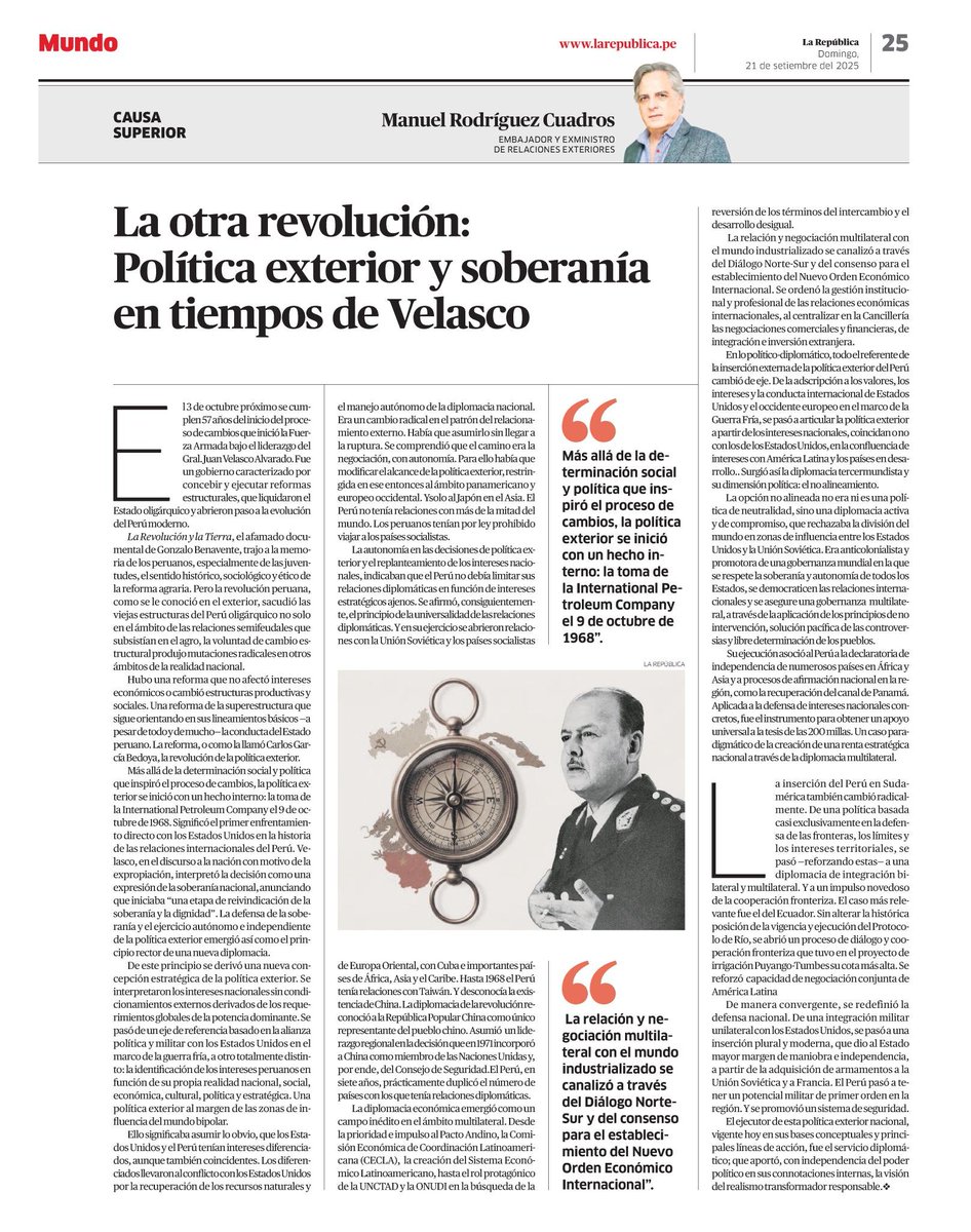 Columna publicada en <a href="/larepublica_pe/">La República</a> ,  La otra revolución: Política Exterior y soberanía en tiempos de Velasco.
Leer columna completa en: larepublica.pe/opinion/2025/0…