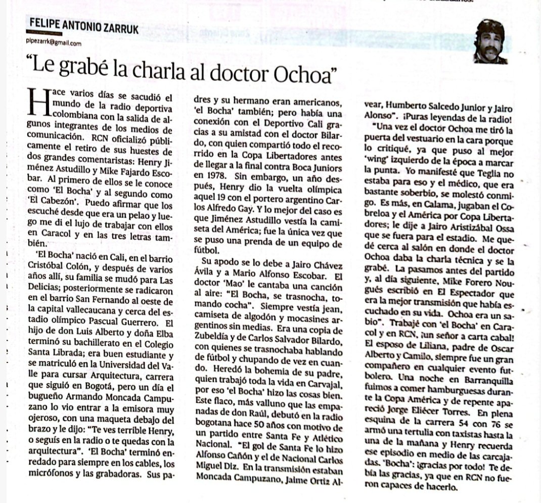 PipeZarruk's tweet photo. Columna de hoy en Vanguardia @vanguardiacom dedicada al comentarista deportivo caleño @BochaJimenez. @eldoctorpelaez @Juanmgonzalez56 @andresmarocco @serpra72 @EduardoLuisFut @AmericadeCali @jotasmantilla @olsendeportes @Jextratiempo @arleydeportes @guilloarango @jorgebermudezh https://t.co/RithmAdret