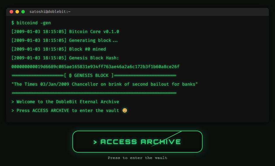 🌐 The DobleBit website now has a perpetual domain on <a href="/ArweaveEco/">Arweave Ecosystem</a>. It is stored on the blockchain forever as an Eternal Archive: 🔒 doblebit.ar.io
(New pieces will be added to the vault)  perpetual access to DobleBit art, its meaning, and the public addresses linked to