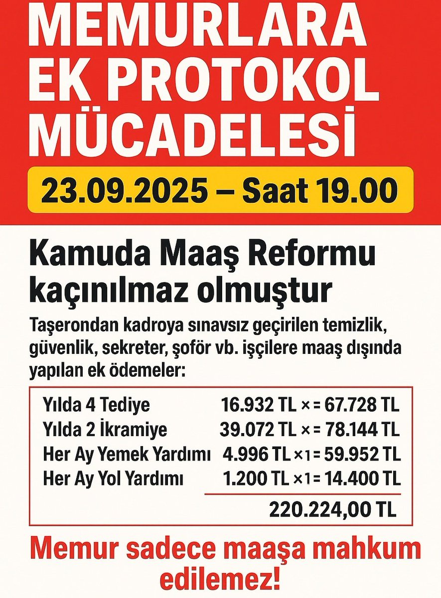 Memur-Sen Başkanı Ali Yalçın, “Eylemlere devam edeceğiz” dedi…
Sonrasında kendisinden bir daha haber alınamadı.

Ali Yalçın kayıp aranıyor! <a href="/_aliyalcin_/">Ali YALÇIN</a>

Memurlar Ek Protokol Talebini yinelemek için 23.09.2025 tarihi saat 19.00'da buluşuyor!

#MemuraEkProtokolŞart 
#pazar