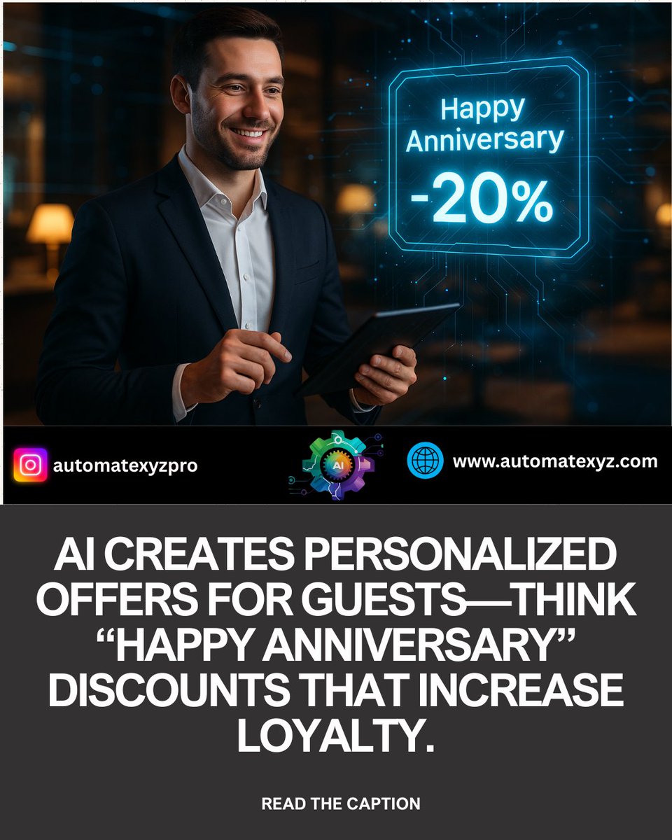 automatexyzpro's tweet image. AI creates personalized offers for guests—think “Happy Anniversary” discounts that increase loyalty.
bit.ly/3TzOaxX
#AI #PersonalizedOffers #CustomerLoyalty #AnniversaryDiscounts #GuestExperience #SmartMarketing #DataDriven #LoyaltyPrograms #RetailInnovation…