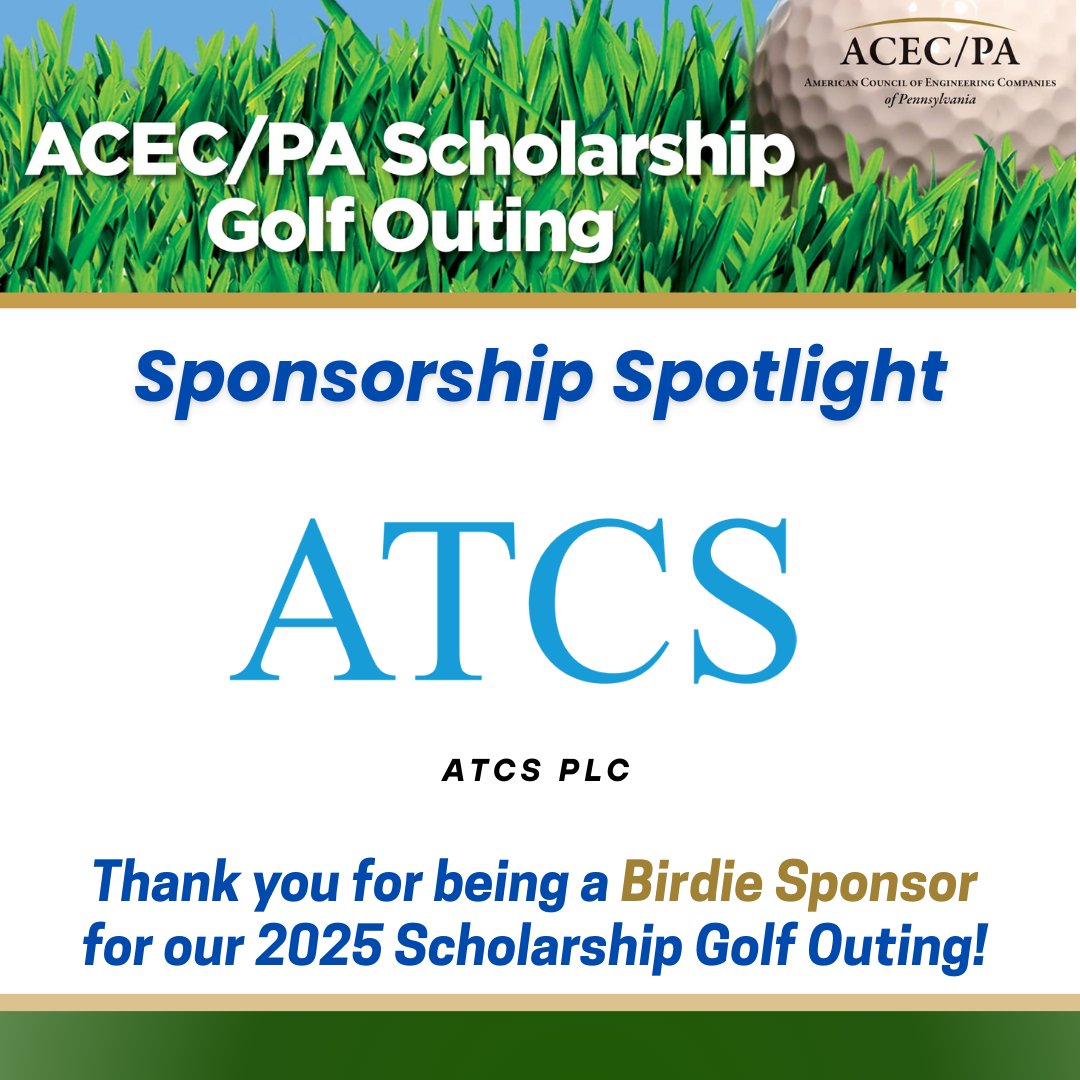 ACEC_PA's tweet image. Huge thanks to 𝐀𝐓𝐂𝐒 𝐏𝐋𝐂  — a Birdie Sponsor for our 23rd Annual Scholarship Golf Outing! Thank you for supporting our outing and investing in tomorrow’s engineering leaders.  

#ACECPA #GolfOuting #MemberEvent #Engineering #Scholarship #InvestInYourAssociation
