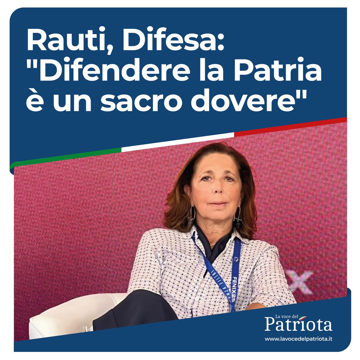 isabellarauti's tweet image. Rauti, Difesa: "Difendere la Patria è un sacro dovere" - @vocedelpatriota  
⬇️
lavocedelpatriota.it/rauti-difesa-d…

#FENIX #fenix2025 #senzafiltri #gioventunazionale #Patria #Difesa #Sicurezza #Italia #FratellidItalia 

@GiorgiaMeloni @FratellidItalia @GuidoCrosetto  @Giov_Nazionale