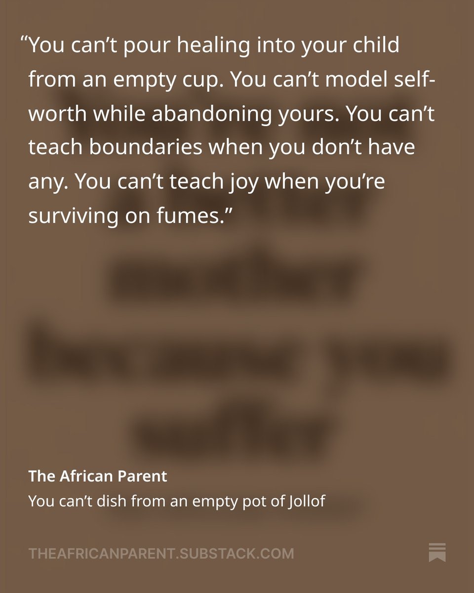 "You’re not a bad mum because you want more for yourself. You’re not selfish for protecting your peace. You’re a full human, raising full humans and not a vending machine for snacks and martyrdom." - @d_africanparent  open.substack.com/pub/theafrican…