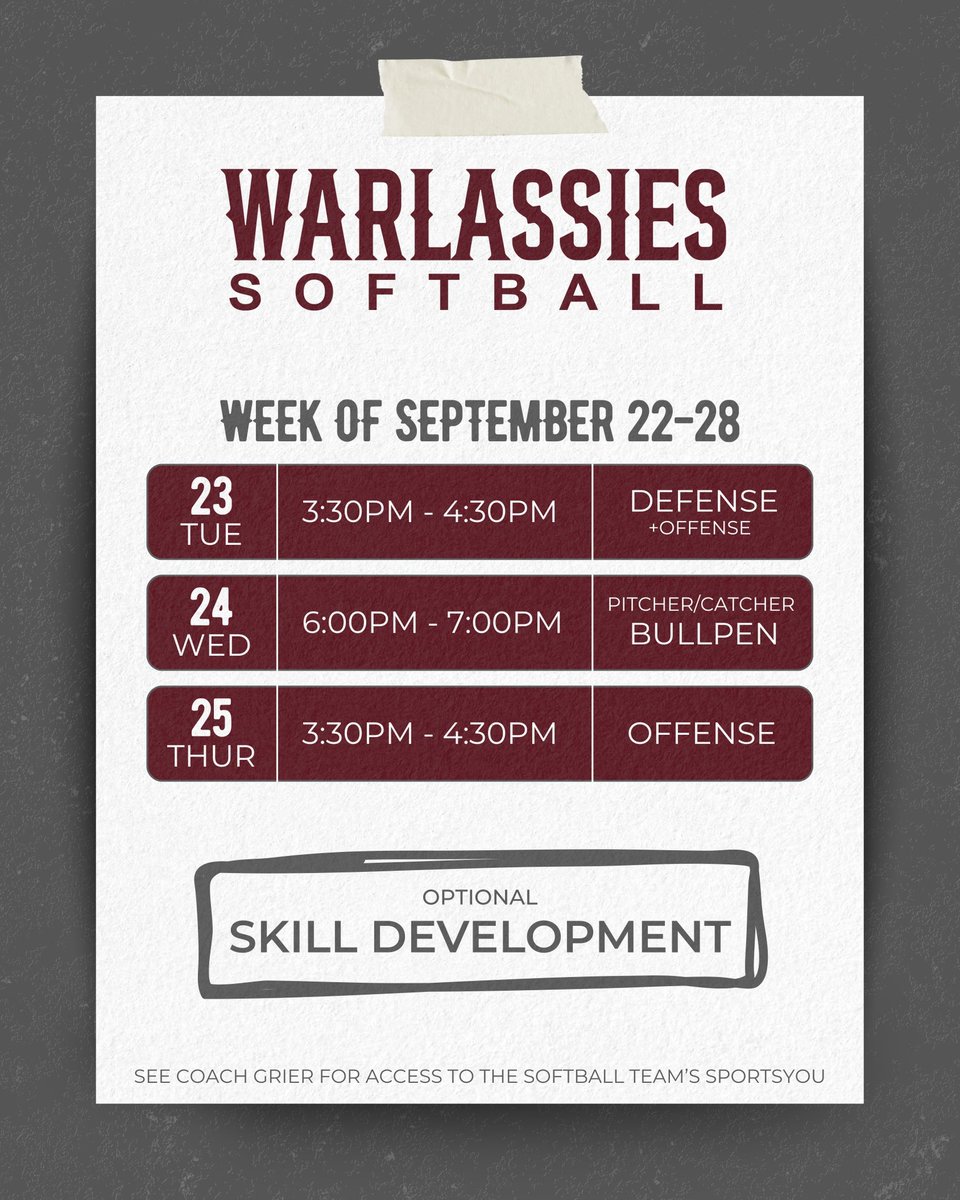 Optional skill development schedule for OHS softball! 

Week of: 9/22 - 9/28

We had some very productive days of skill development last week and are looking forward to even more progress in the week ahead. Take initiative, set the tone, and lead by example. Trust the process.