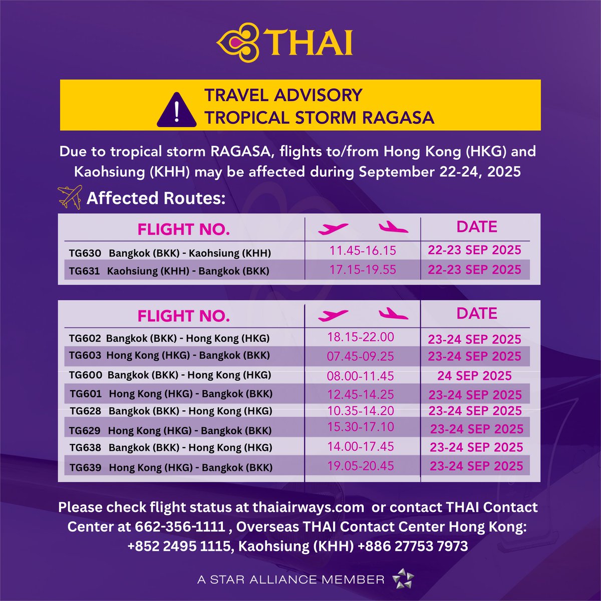 ⚠️ Travel Advisory: Typhoon “RAGASA”
Flights between Bangkok–Kaohsiung &amp; Bangkok–Hong Kong on 22–24 Sept may be affected.
Check flight status 👉 thaiairways.com
📞 Contact THAI:
🇹🇭 +66 (0) 2356-1111
🇭🇰 +852 2495 1115
🇹🇼 +886 2 7753 7973
#ThaiAirways #TravelAdvisory