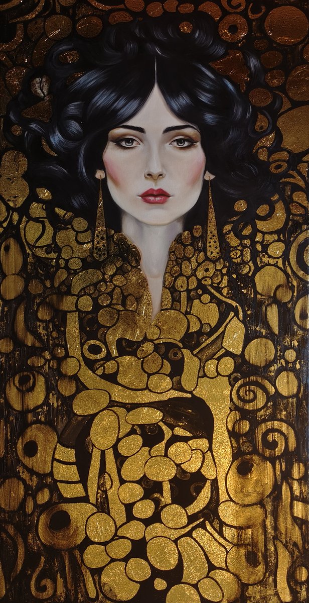 EZradickova's tweet photo. Tmavovlasá bohyně
120x60cm
Olej na plátně + zlaté plátky
Popis:  Obraz působí jako symbol síly, ženské sebejistoty a sofistikované krásy. https://t.co/2syDUr3f12