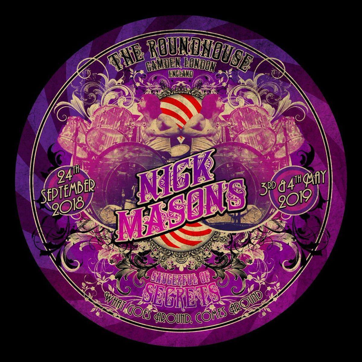 NMSOSOfficial's tweet image. We looked back at the #SaucerfulOfSecrets Live At The Roundhouse release this week. When the band played there in 2018 and 2019 (the latter appearances being filmed and recorded for release) special circular posters were created. Did any of you get one of these, and if so, which?