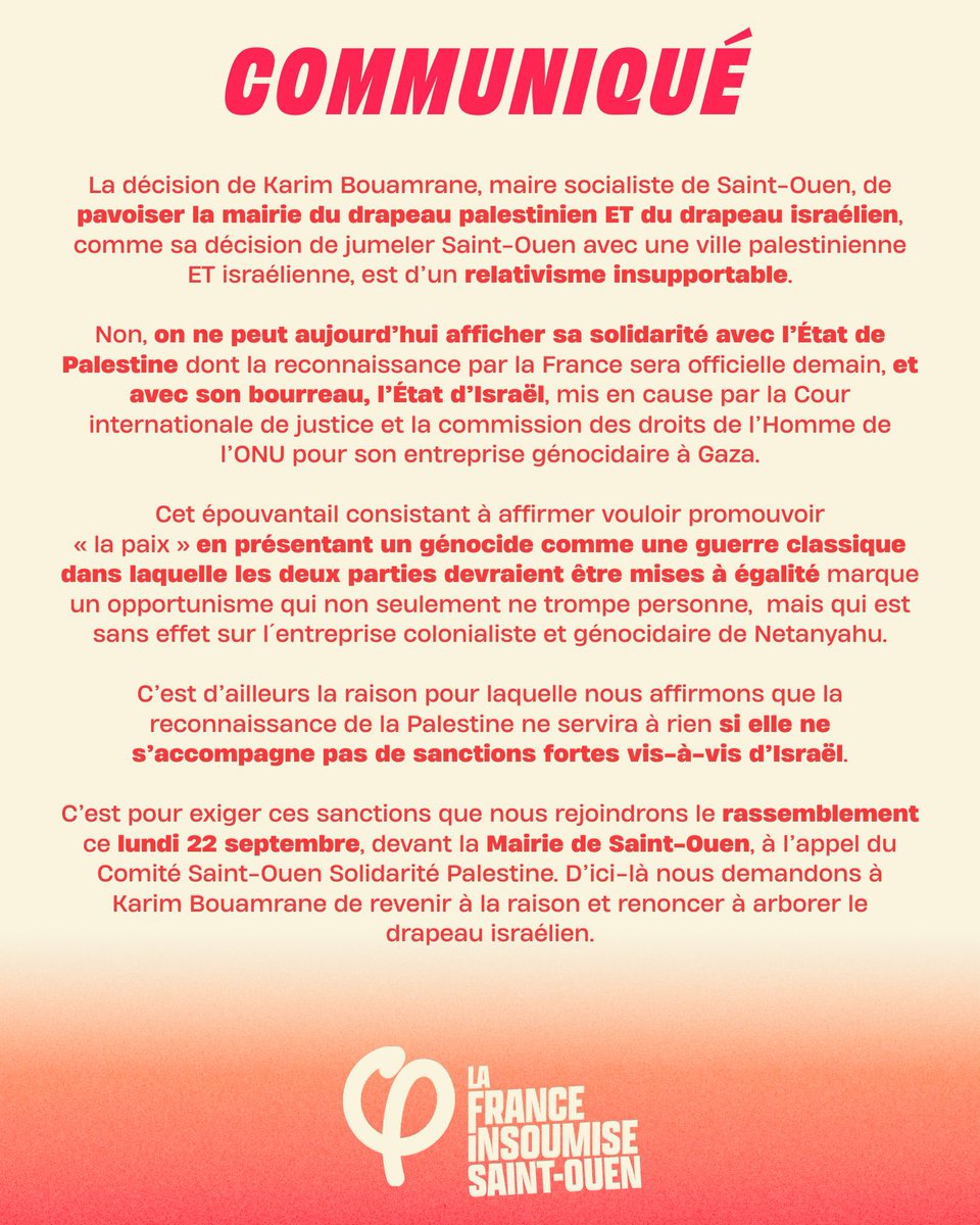LFIsaintouen's tweet image. Communiqué des insoumis-es de Saint-Ouen à la suite de l’annonce de Karim Bouamrane du pavoisement du drapeau israélien sur la mairie de la ville ⬇️