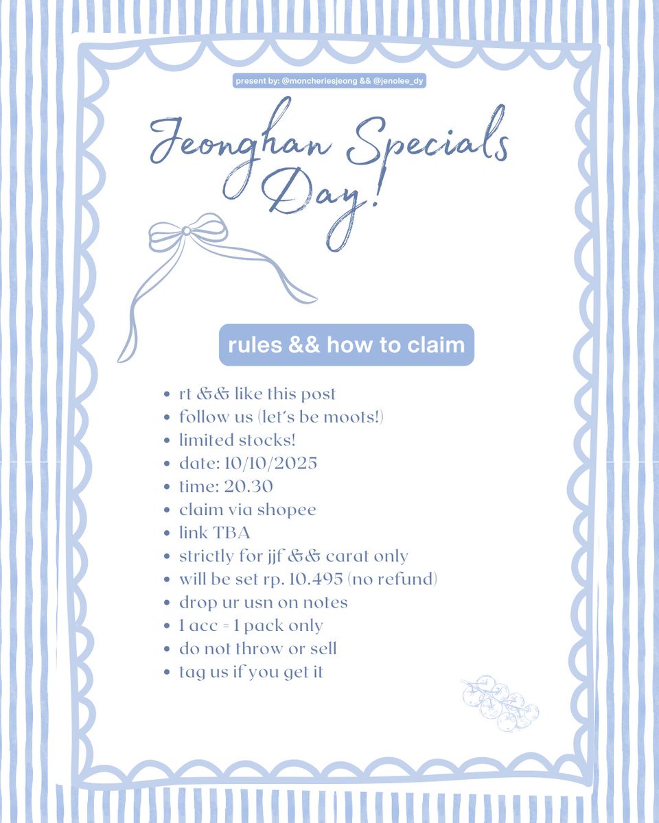 special freebies jeonghan birthday ^⁠_⁠_⁠_⁠_⁠_⁠_⁠_⁠_⁠_⁠^
by <a href="/moncheriesjeong/">𝒜𝓁𝑒𝑒 berniaga</a> &amp;&amp; <a href="/jenolee_dy/">naaa🌟</a> 

✯ help rt + like 
✯ claim via shopee 10.10 at 20.30 WIB
✯ link will drop TBA 
✯ for more details 👇🏼