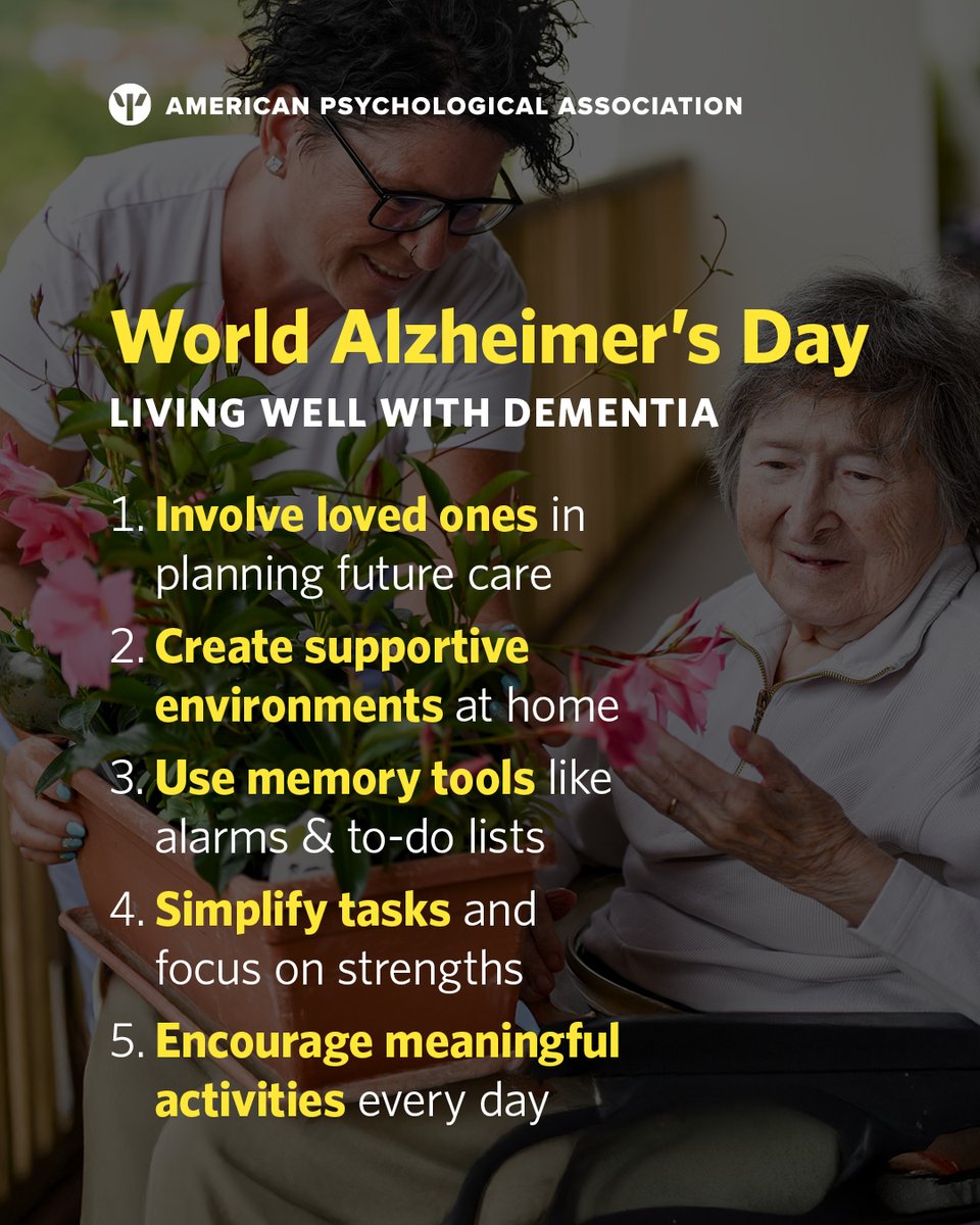 APA's tweet image. An estimated 7.2 million Americans age 65+ are living with #Alzheimers disease in 2025, according to the Alzheimer's Association.
On #WorldAlzheimersDay, it's important to remember that people living with dementia are not helpless, however.
Learn more: at.apa.org/8b82a7
