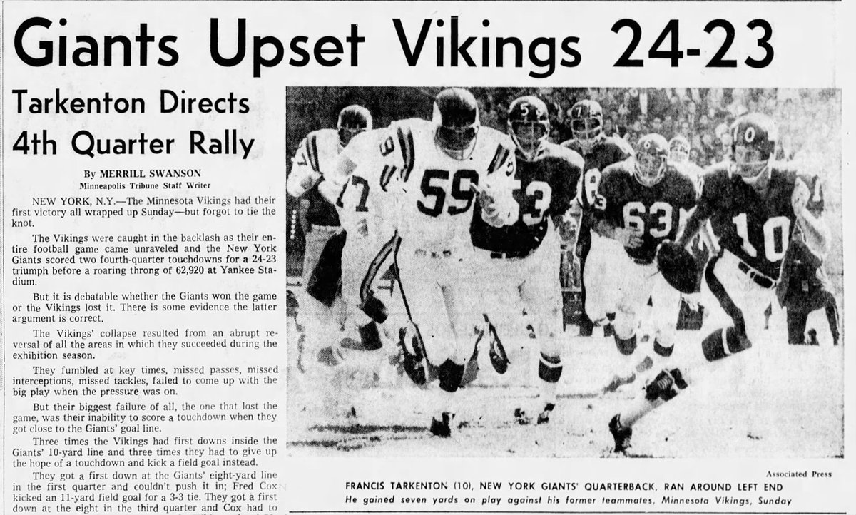 Dan WHENESOTA (@whenesota) on Twitter photo #OTD in #Minnesota Sports History (1969) Down 17-3, Fran Tarkenton leads the NY Giants to a comeback 24-23 victory over the #Vikings throwing 3 TD passes (2 in the 4th quarter) in the season opener at Yankee Stadium. #SKOL newspapers.com/clip/109929694/ #OTD in #Minnesota Sports History (1969) Down 17-3, Fran Tarkenton leads the NY Giants to a comeback 24-23 victory over the #Vikings throwing 3 TD passes (2 in the 4th quarter) in the season opener at Yankee Stadium. #SKOL newspapers.com/clip/109929694/