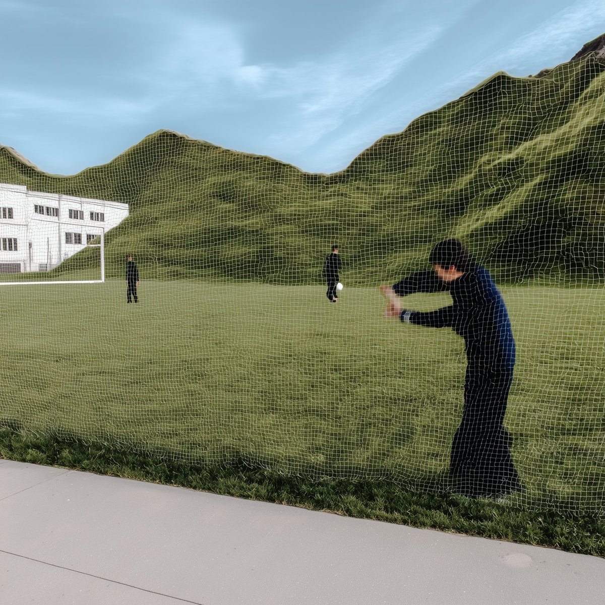 Over the warped canopy of a netted abyss, where emerald slopes devour the horizon, sports are played upon this tilted expanse. #NFT #GenAI #GenerativeAI