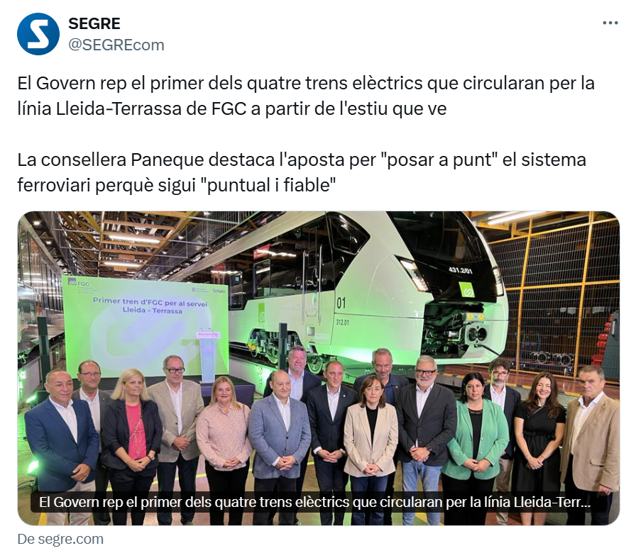 2️⃣ Al desembre de 2023 la consellera <a href="/estercapella/">Ester Capella Farré</a>  va anunciar els nous combois per la línia Lleida-Manresa. Ahir, l'alcalde Larrosa i la consellera Paneque es van fer la foto. Però la feina i el LLEGAT REPUBLICÀ, de nou, queden.