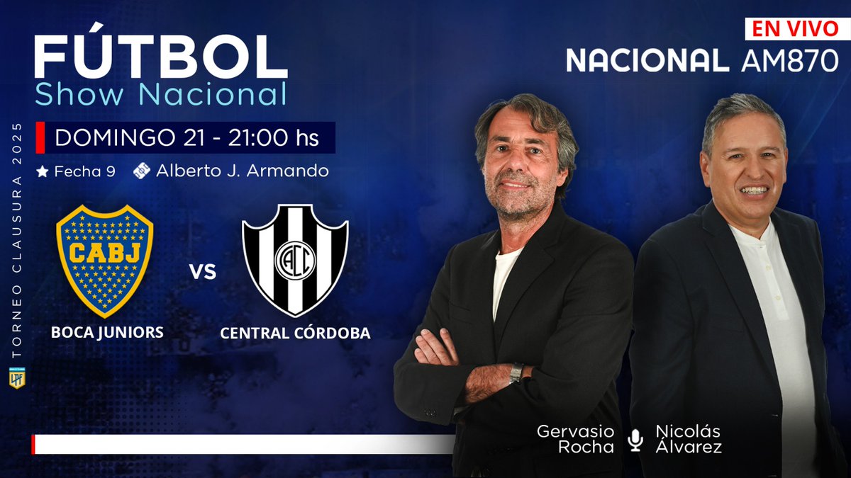 #FútbolShowNacional ¡Partidazo en La Bombonera y lo vas a vivir por <a href="/NacionalAM870/">Radio Nacional AM 870</a>  !⚽

Desde las 21 hs, transmitimos #Boca vs #CentralCórdoba   

Relata <a href="/gervasiorocha64/">Gervasio Rocha</a>  comenta <a href="/Alvarez73Nico/">NICOLÁS</a> 
Vestuarios <a href="/soykoli/">koli</a> 
 
📻AM870
#TuRadio