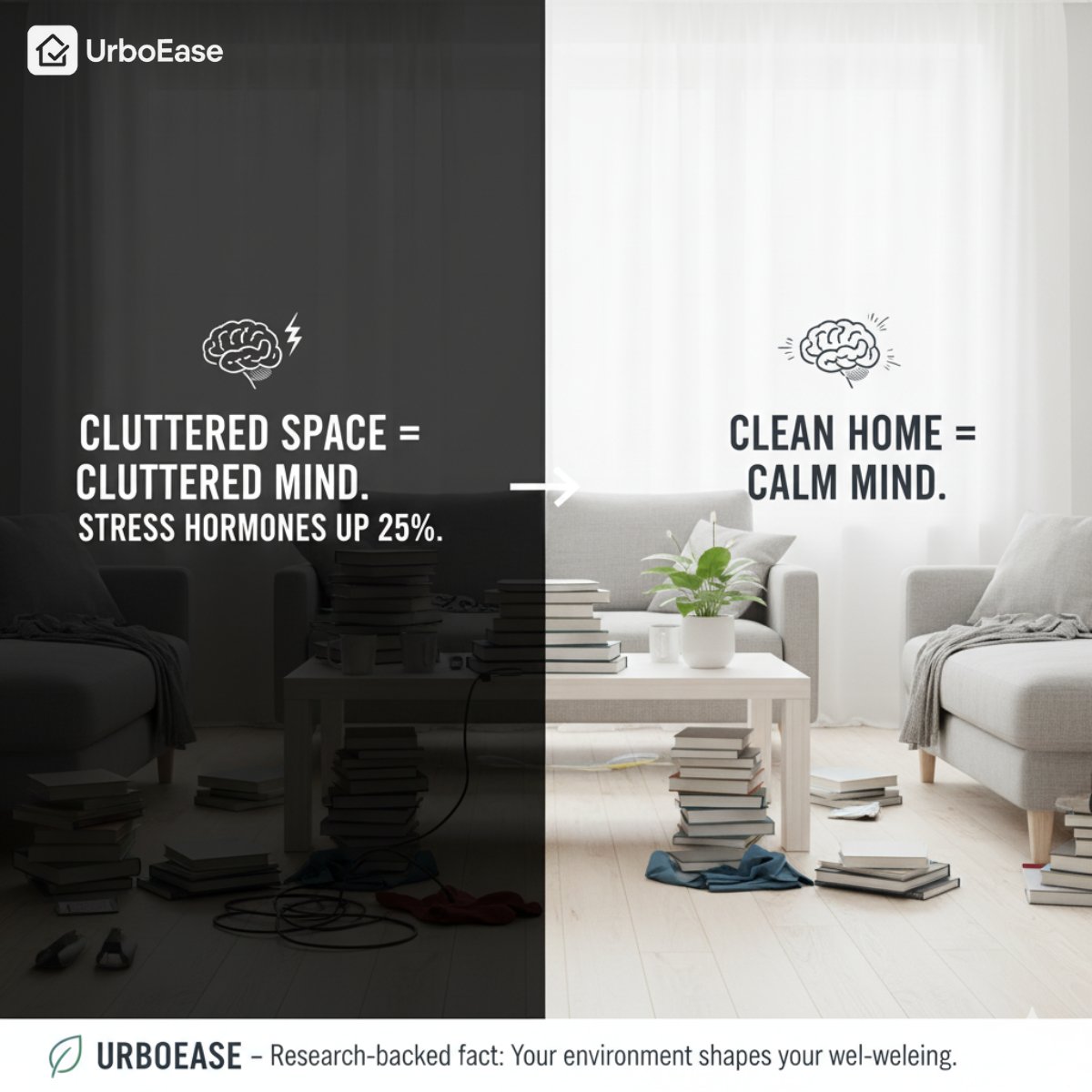 UrboEase's tweet image. 🧠 Cluttered space = cluttered mind.
Research shows stress hormones rise by 25% in messy environments.
✨ Clean home = calm mind.
Let UrboEase bring peace back to your space.
#HomeCare #MentalHealth #DeclutterWithEase #UrboEase
