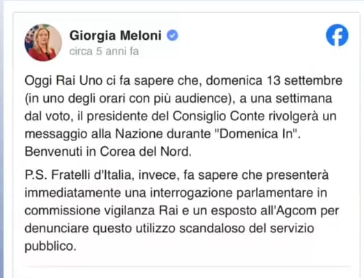 Cinque anni fa Meloni protestava per la presenza di Conte a #DomenicaIn nel pieno dell'emergenza Covid. "Benvenuti in Corea del Nord", annunciava esposto AgCom e interrogazione Vigilanza Rai. Oggi invece...