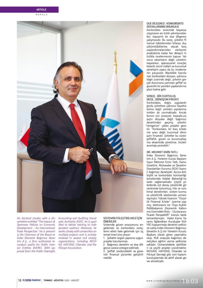 İndex Ekonomi Bağımsız Denetim A.Ş.'nin YKB. Dr. Mehmet Emin Tatlı’nın “Konkordato Süreçleri ve Finansal Direnç” başlıklı makalesi, Ortadoğu Business Dergisi’nde yayımlandı.

E-Dergi: ortadogubusiness.com/egazete.html#e…

<a href="/OrtadoguDergisi/">Ortadoğu Business</a>
<a href="/Mehmetemintatli/">Dr. Mehmet Emin Tatlı</a>

#IndexEkonomi #Konkordato #Finans